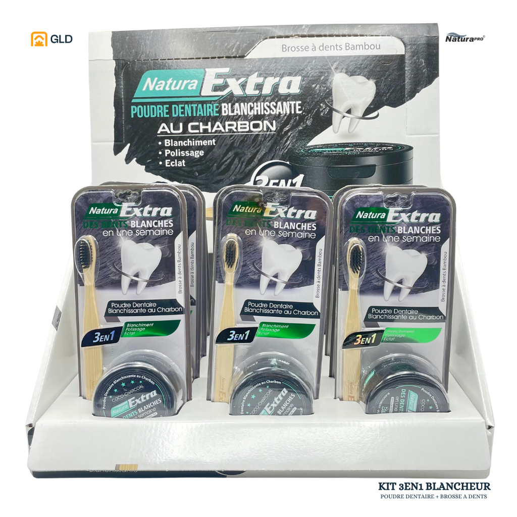 Kit 3 En 1 NaturaPro Extra Poudre Blanchissante Charbon + Brosse A Dent Bamboo