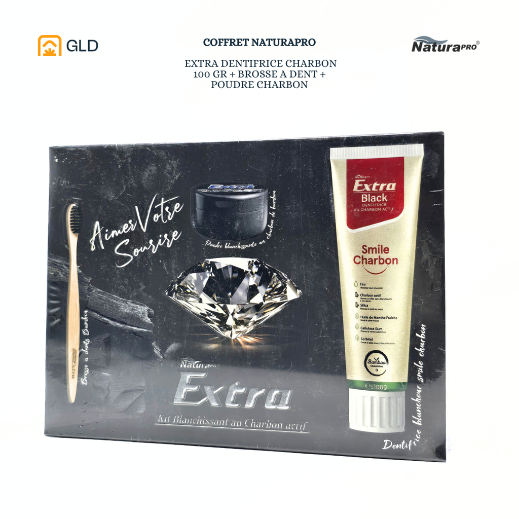 Coffret NaturaPro Extra Dentifrice Charbon 100 Gr + Brosse A Dent + Poudre Charbon